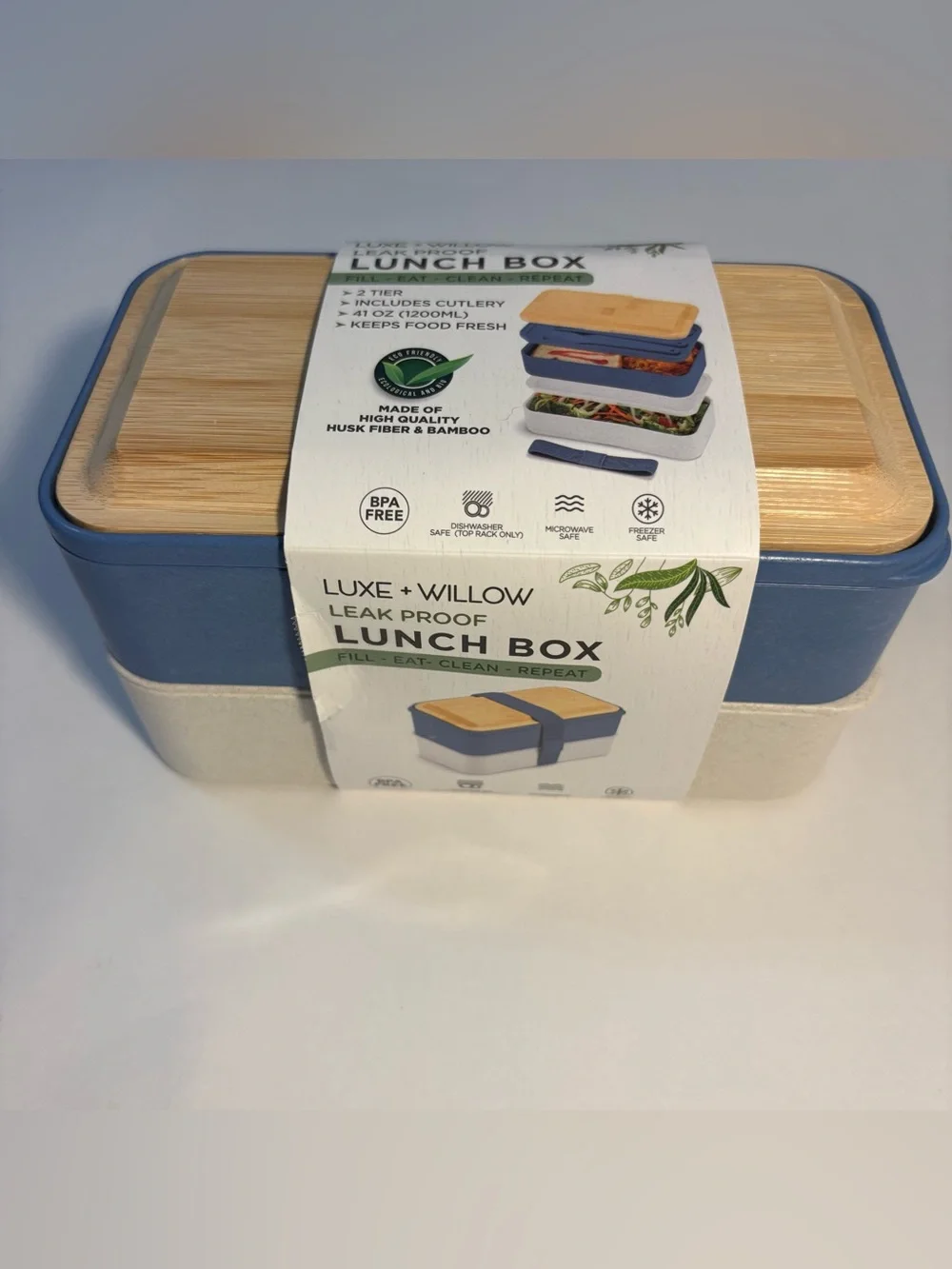 NWT Lunch Box Bento 2 Tier Leak Proof Cutlery Blue White Nesting Bamboo Lid